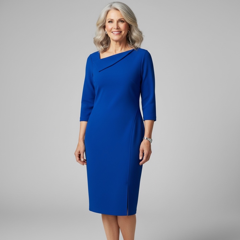 Calvin Klein Cobalt Blue Asymmetric Neck Sheath Dress